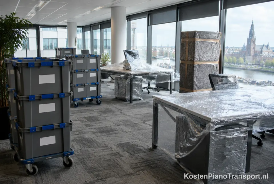 Kantoor tijdens een bedrijfsverhuizing met verhuiskratten en ingepakte bureaus