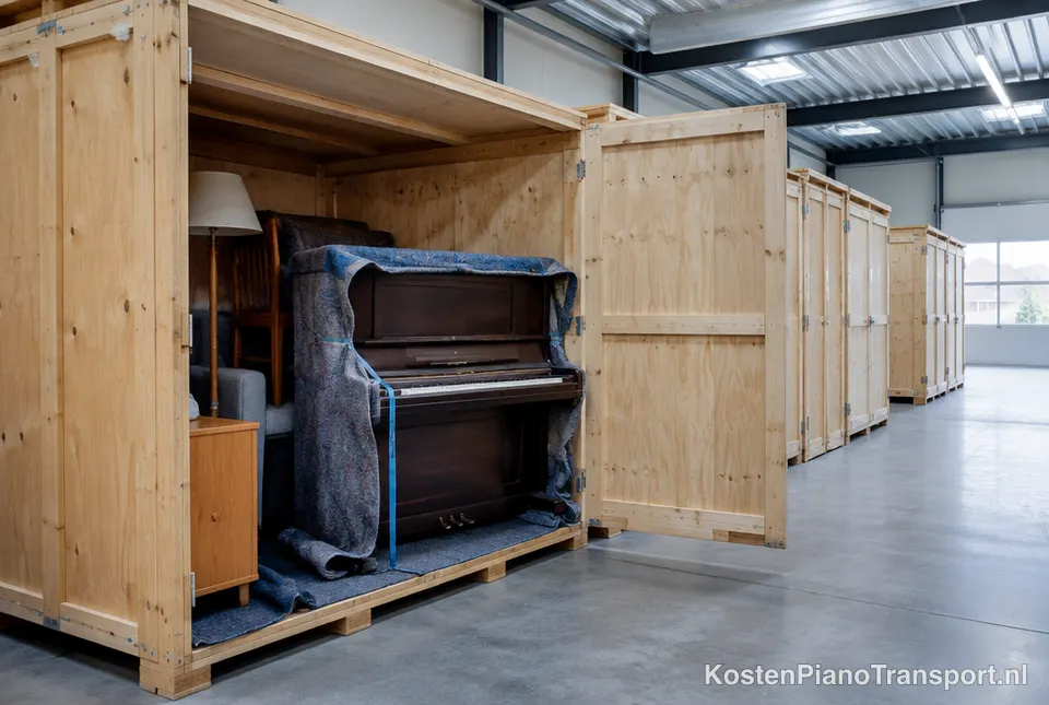 Houten opslagbox met meubels en een ingepakte piano in een opslagloods