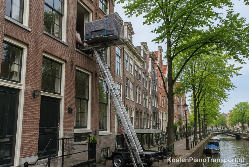 Verhuislift tilt een ingepakte piano naar een raam van een grachtenpand